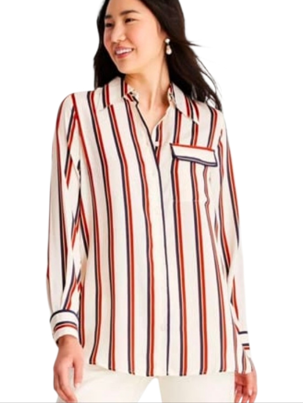 Future Collective Striped Cream, Red & Navy Button-Up Shirt NWT